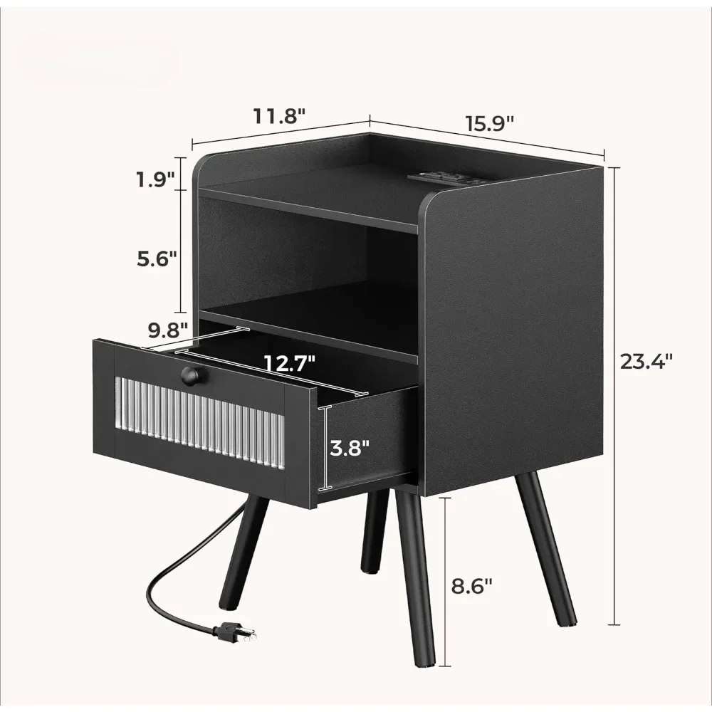 Night Stand Set of 2, Nightstand with Charging Station and LED Light Strips, Bedside Table with Glass Decorative Drawer