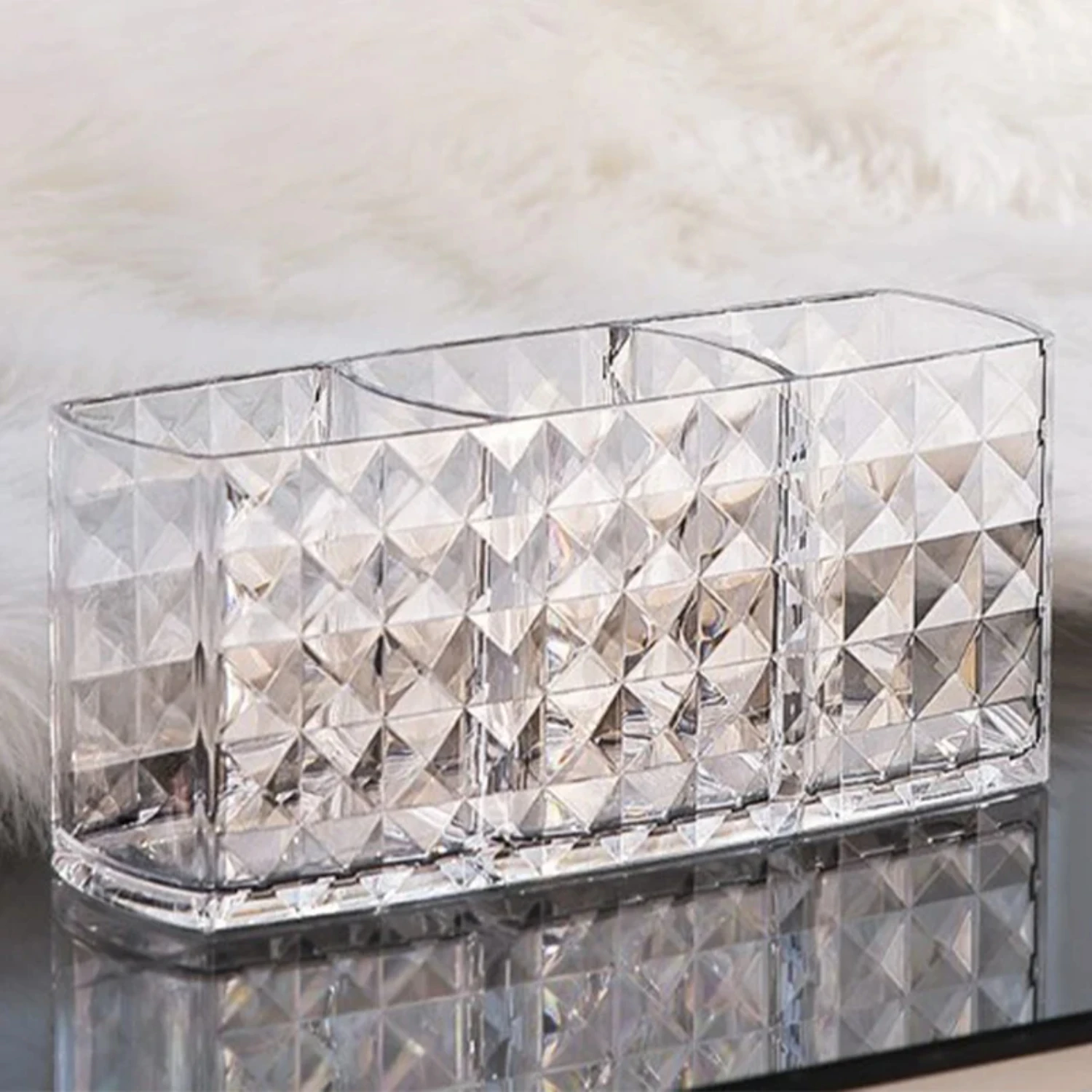 Estante para lápices de cejas y brochas de maquillaje, tres compartimentos, caja transparente de gran capacidad, portalápices de papelería