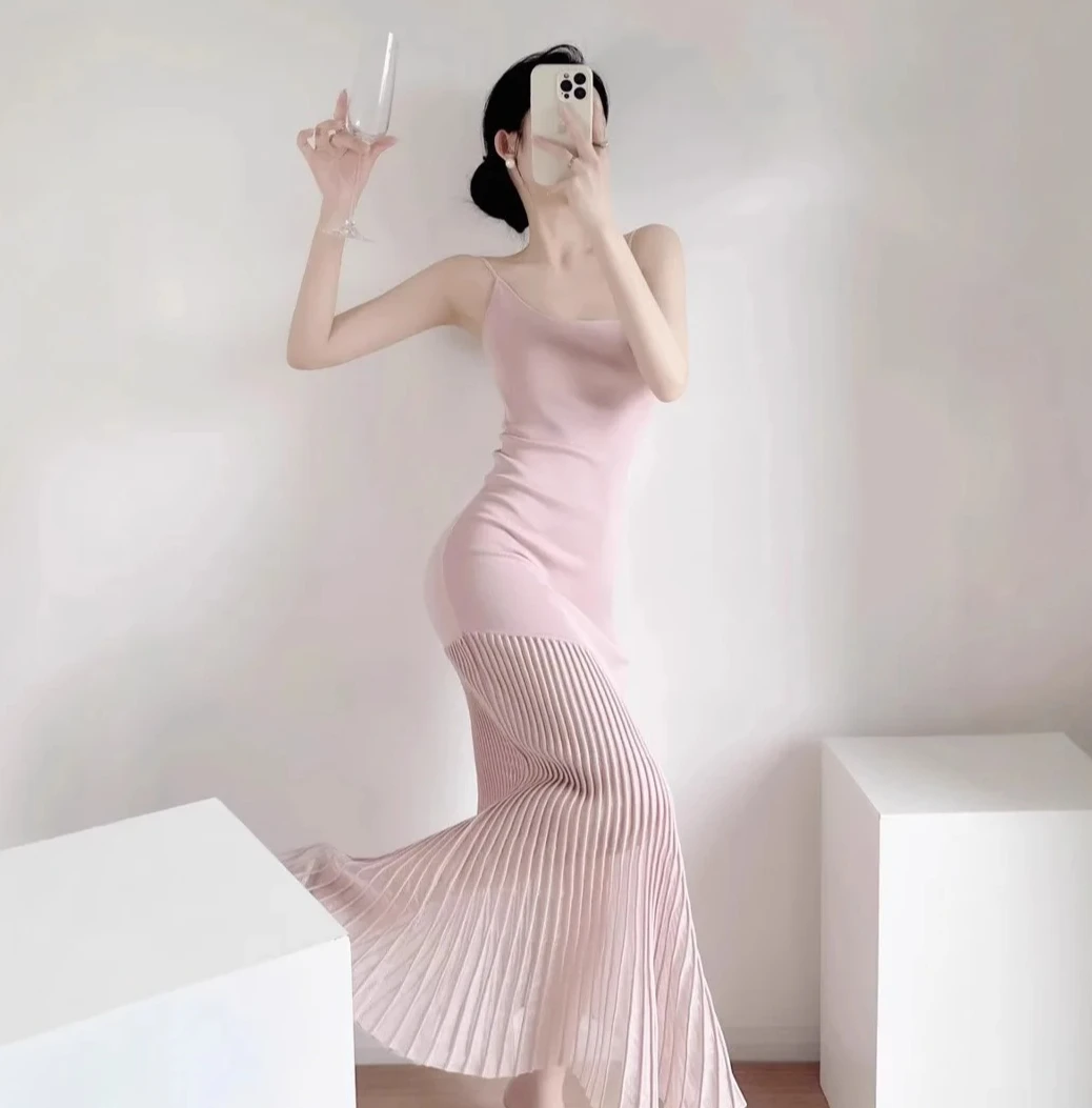 Vestido Sexy de punto satinado con espalda descubierta para mujer, vestido ajustado con tirantes y dobladillo de cola de pez, vestido largo con chaleco de seda helada de alta calidad