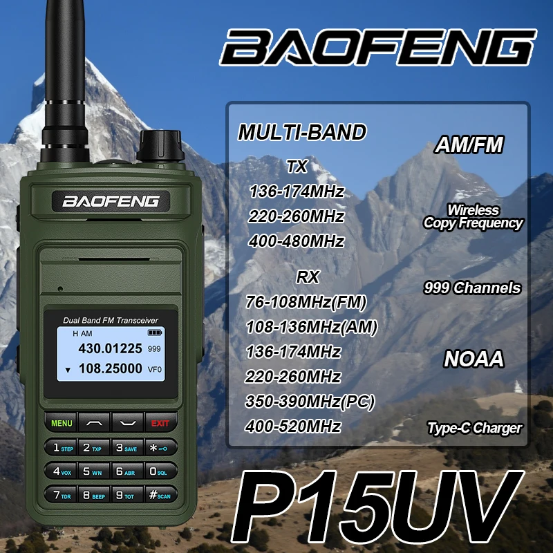 

Baofeng P15UV Air Band Walkie Talkie Multi-Band AM FM Type-C Charger Wirless Copy Frequency 999 CH Long Range Two Way Ham Radio