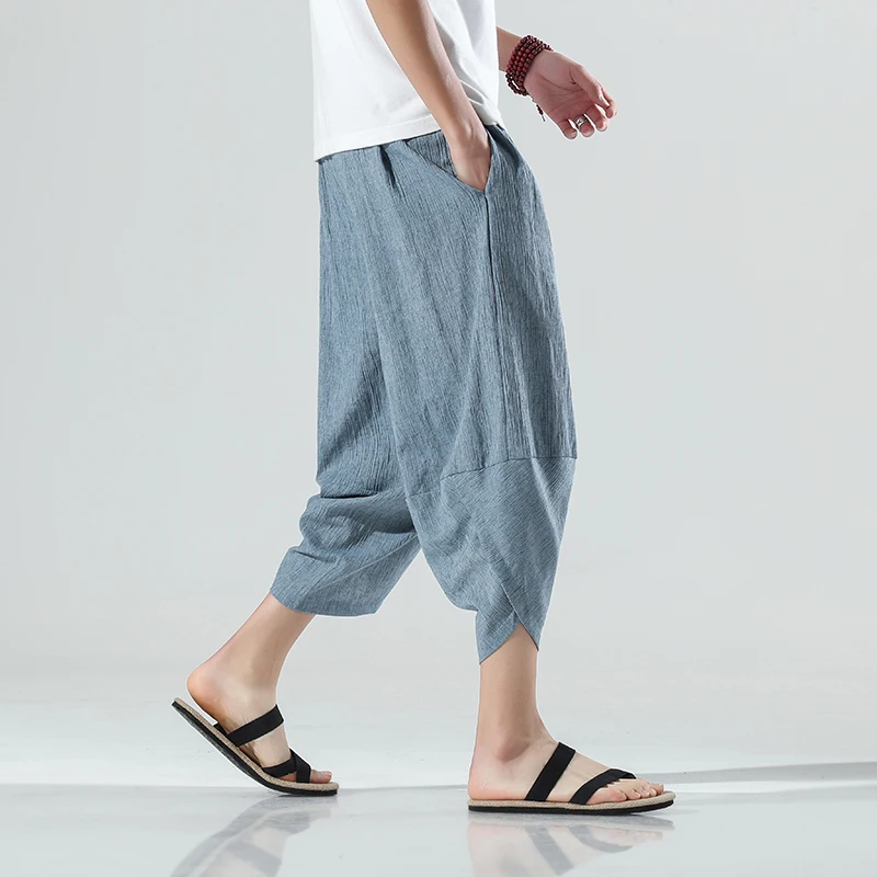 2023 Summer Harajuku Calf Length Casual Men\'s Pants Wide Leg Cotton Linen Harem Baggy Pants Fashion Men\'s Clothing