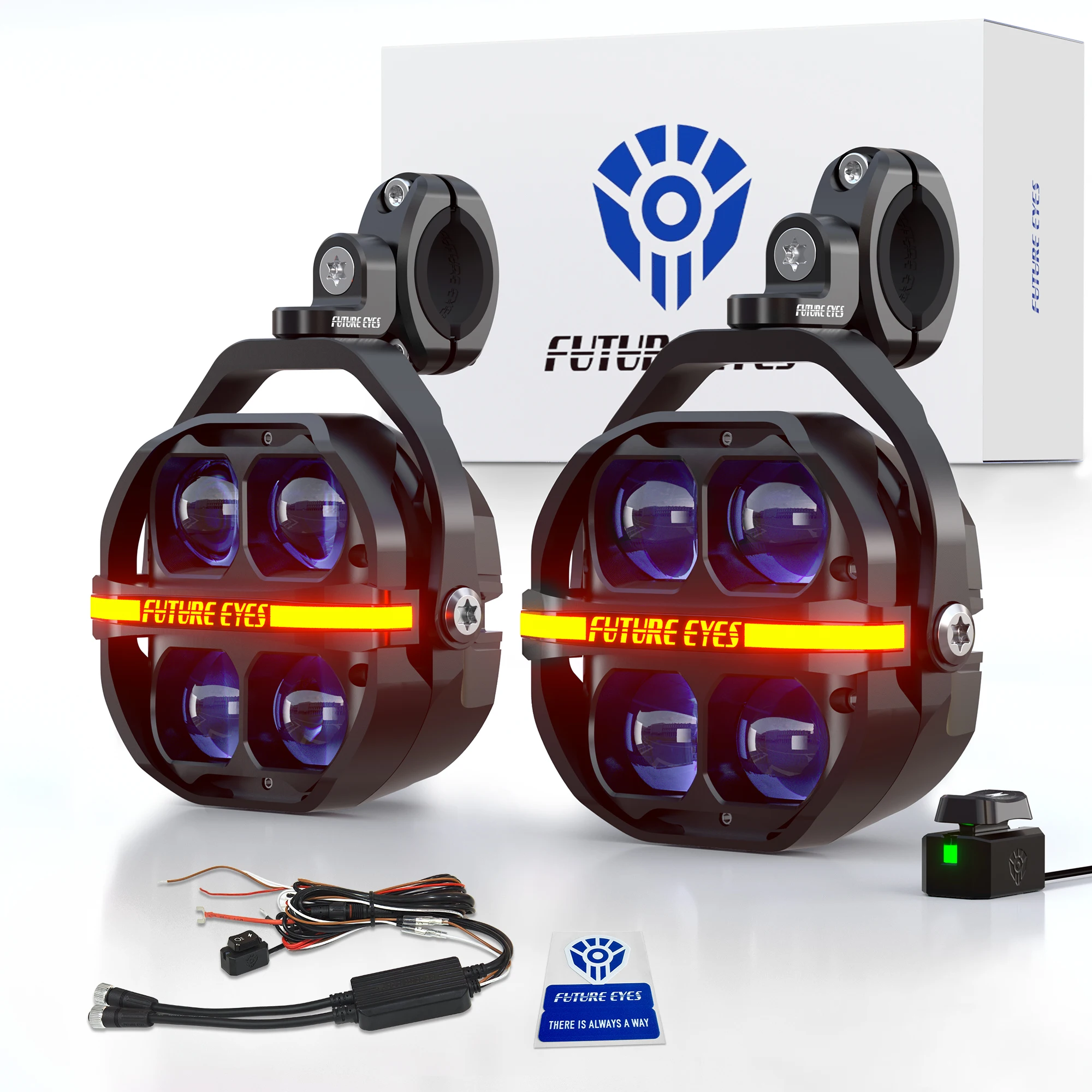 Future Eyes X100 - 180W Motorcycle Fog Lights – LED Driving Lights with Amber & White Beams, IP67 Waterproof Auxiliary Lights
