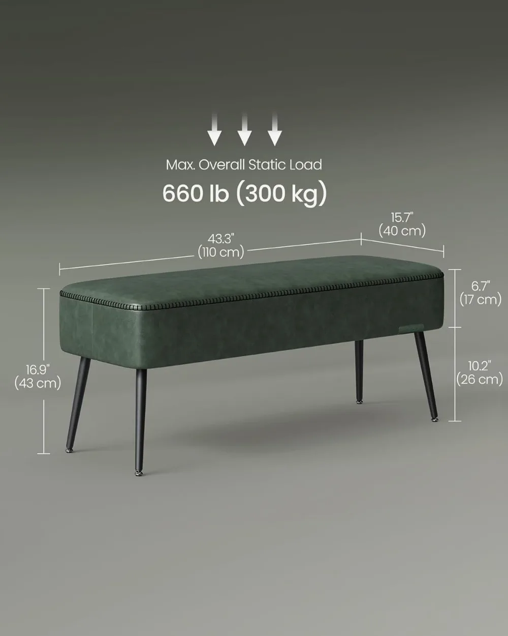 Mid-Century Modern Ottoman Bench, Synthetic Leather with Stitching, Steel Legs, Holds 660 lb, Forest Green for Living Room