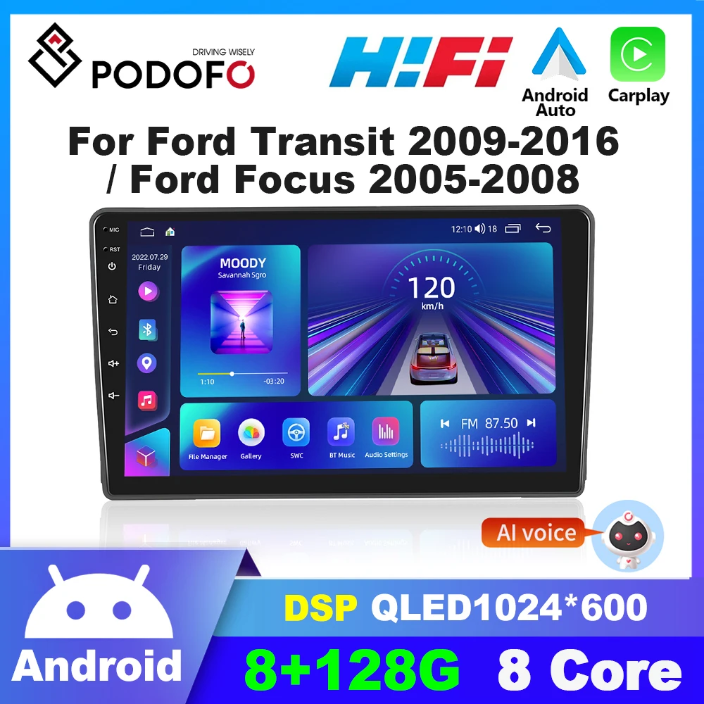 

Podofo 8core Android 2din Car Radio Audio for Ford Transit 2009-2016/Ford Focus 2005-2008 Carplay autoradio GPS Navigation