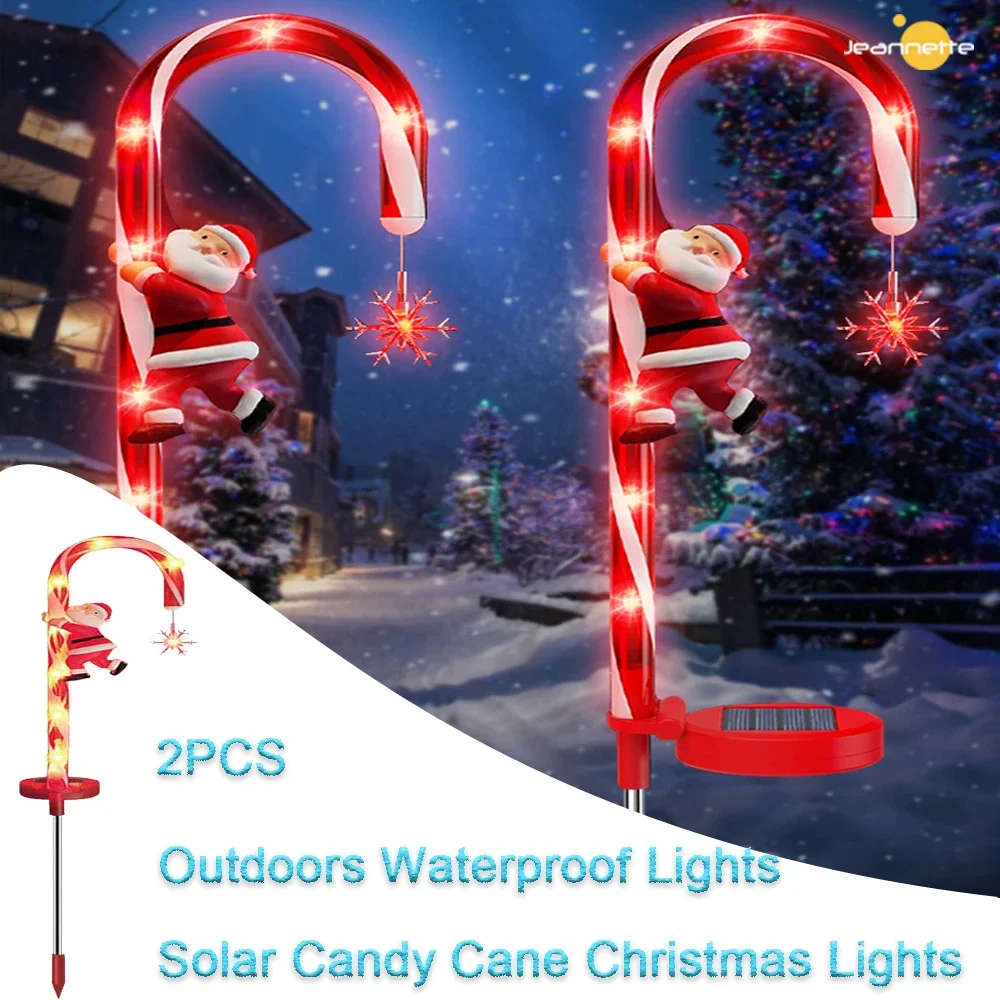 

2PCS Candy Cane LED Solar Lights Christmas Lights Navidad Decor Outdoors Waterproof Cane Lights with Star Pathway Solar Lamp