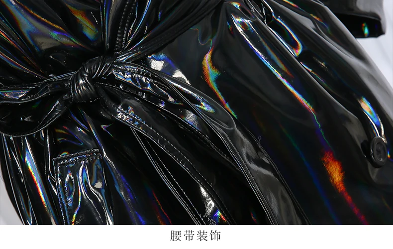 Mauroicardi Spring Soft Thin Flowy Shiny Reflective Holographic Black PVC Faux Leather Trench Coat for Women Maxi Y2K Streetwear