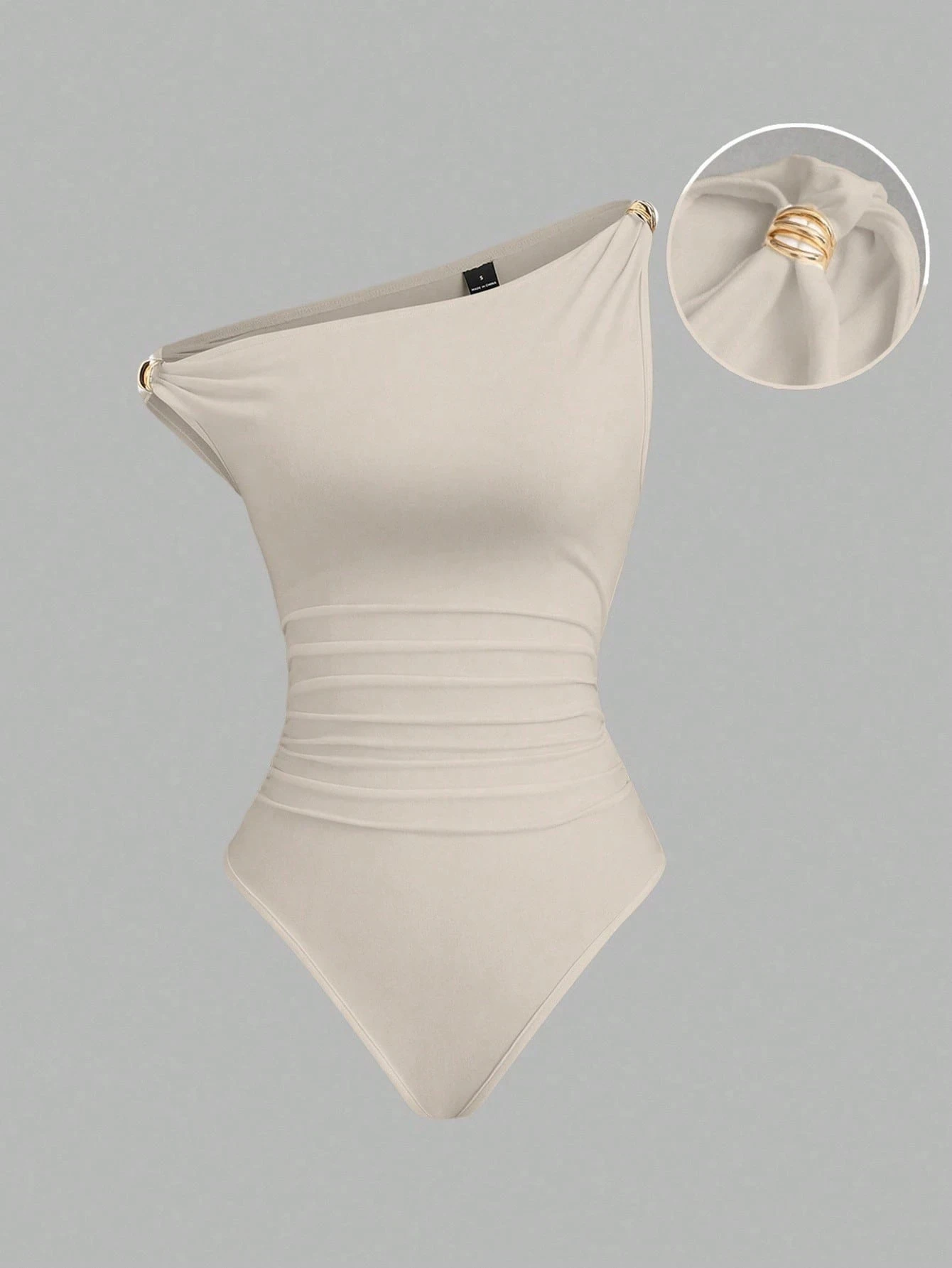 

Ladies Solid Color Asymmetric One-Piece Jumpsuit with Metal Ring Decoration Waist Pleated Design Elastic Knitted Fabric