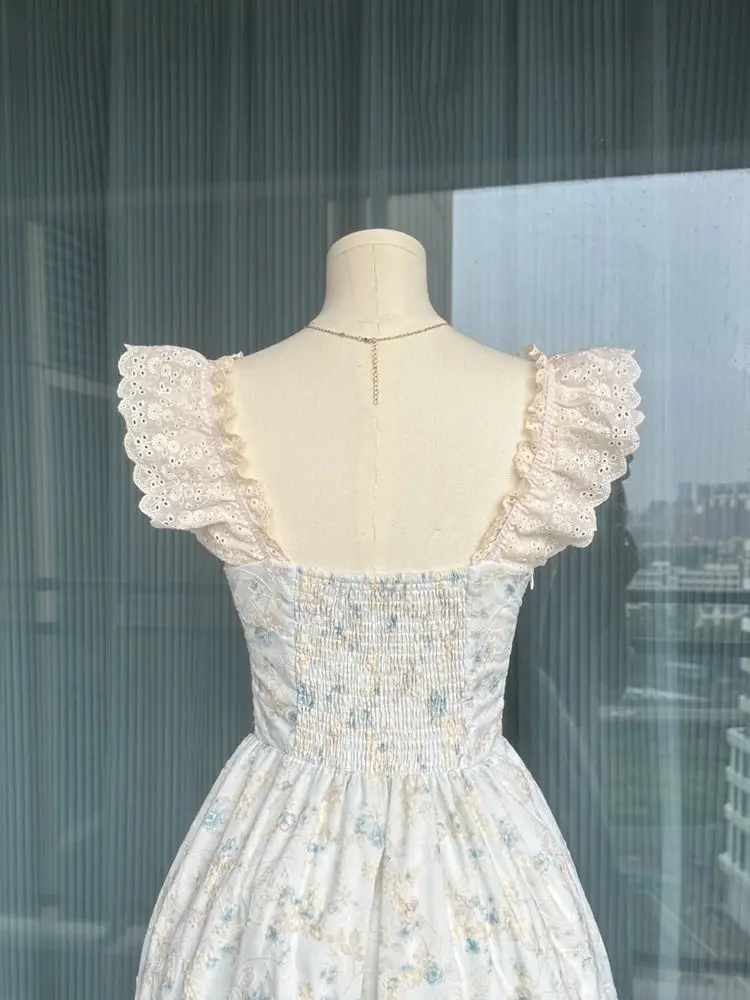 NONSAR ฤดูร้อนใหม่สไตล์ฝรั่งเศสน่ารักและหวานโบว์บินแขนชุดดอกไม้สีฟ้าผู้หญิง Elegant Gentle Slim A-Line ชุดยาว