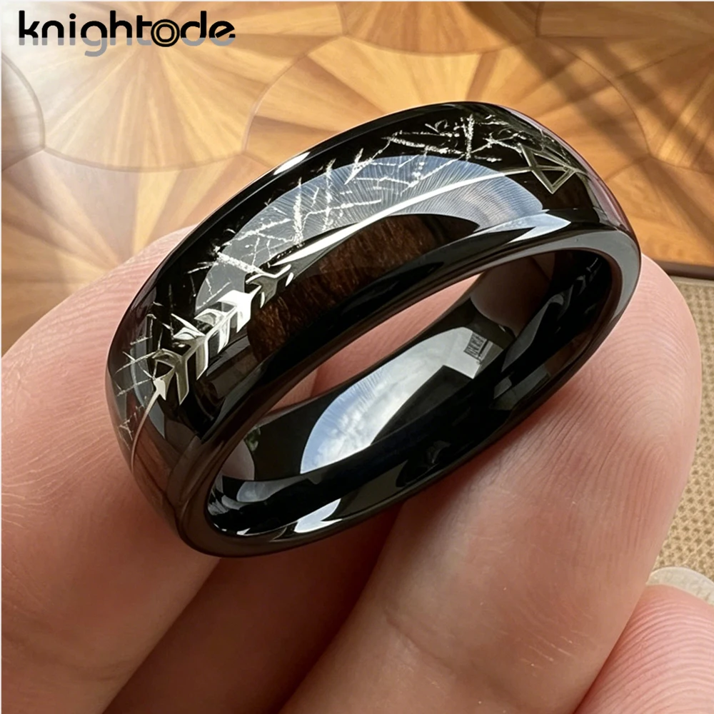 Black Meteorite/Koa Wood Unique Texture Inlay Tungsten Carbide Ring For 8mm Men Women Wedding Slivery Arrow Dome Polished