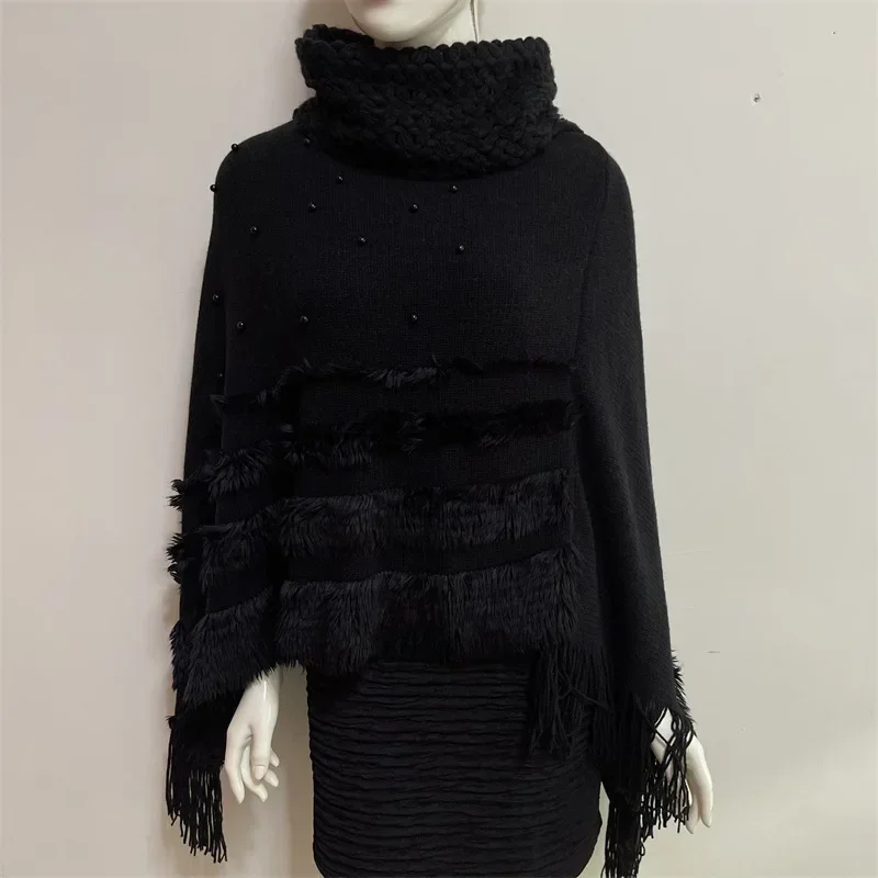 

European American Autumn Winter New Jacquard Pearl Women Wear Warm High Collar Lady Shawl Cloak Fashion Black