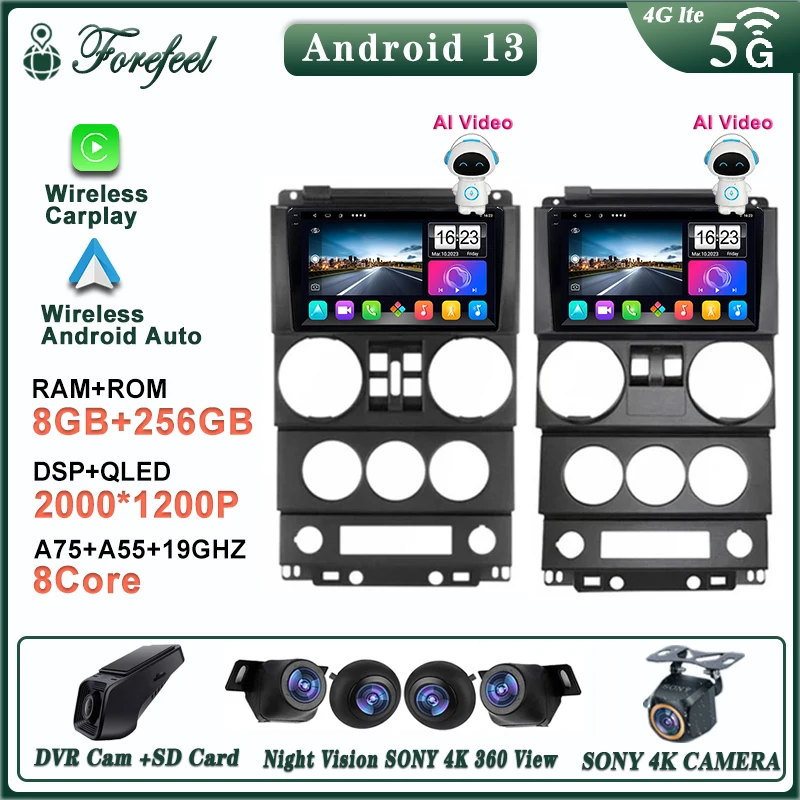 

CarPlay Android 13 For Jeep Wrangler Unlimited 3 JK 2008 - 2010 360 Camera Car GPS Navi Head Unit Radio Auto 4G LTE WiFi DVD