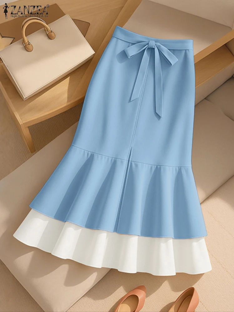 ZANZEA Herbst Hohe Taille A-line Midi Rock Elegante Frauen OL Arbeit Röcke Rüschen Saum Sommerkleid Stilvolle Patchwork Party Faldas Saia