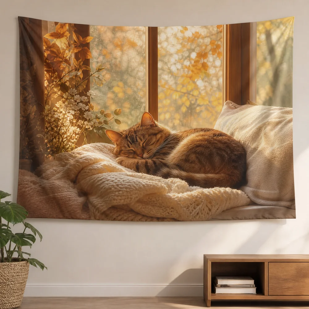 Autumn Warm Melody Falling Leaves Sleeping Cat 150X100CM Customizable Tapestry Bedroom Lazy Style Decorative Background Cloth