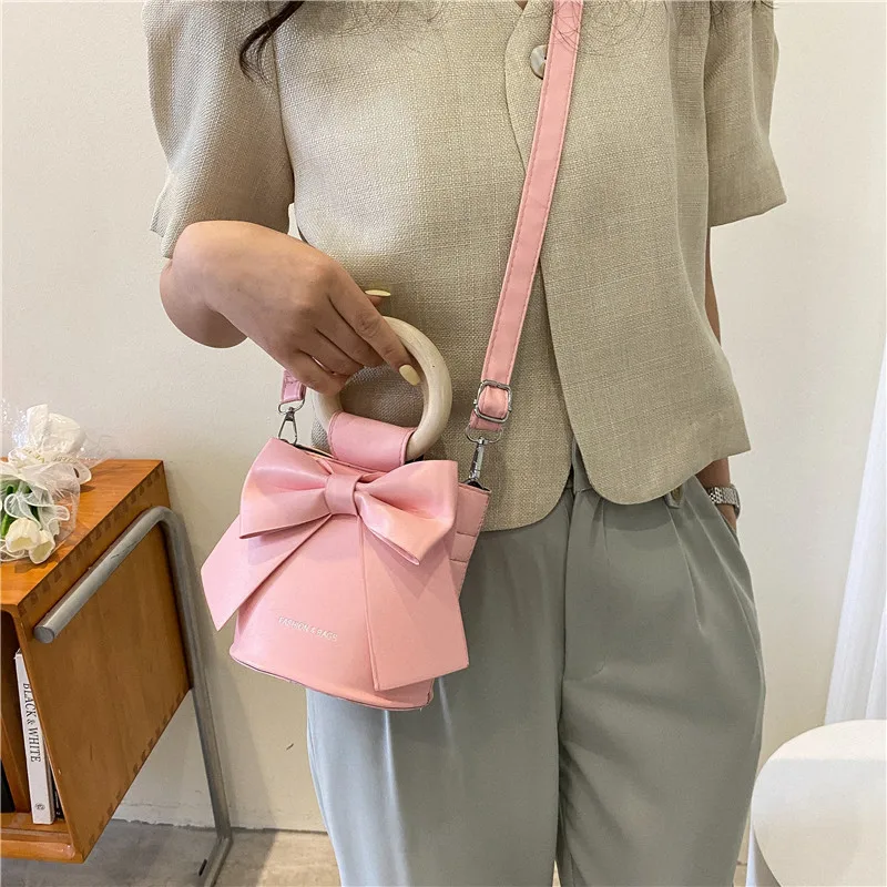 Bow Tie Round Wooden Handle Design Mini PU Leather Crossbody Side Bag Women 2022 Summer Fashion Shoulder Handbag Cute Totes