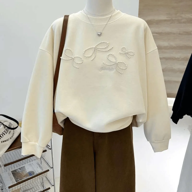Bead Embroidered Bow Sweatshirts Autumn High Sense Korean Fashion O-neck Loose Long Sleeve Top Women Pullover Sweatshirt Tops