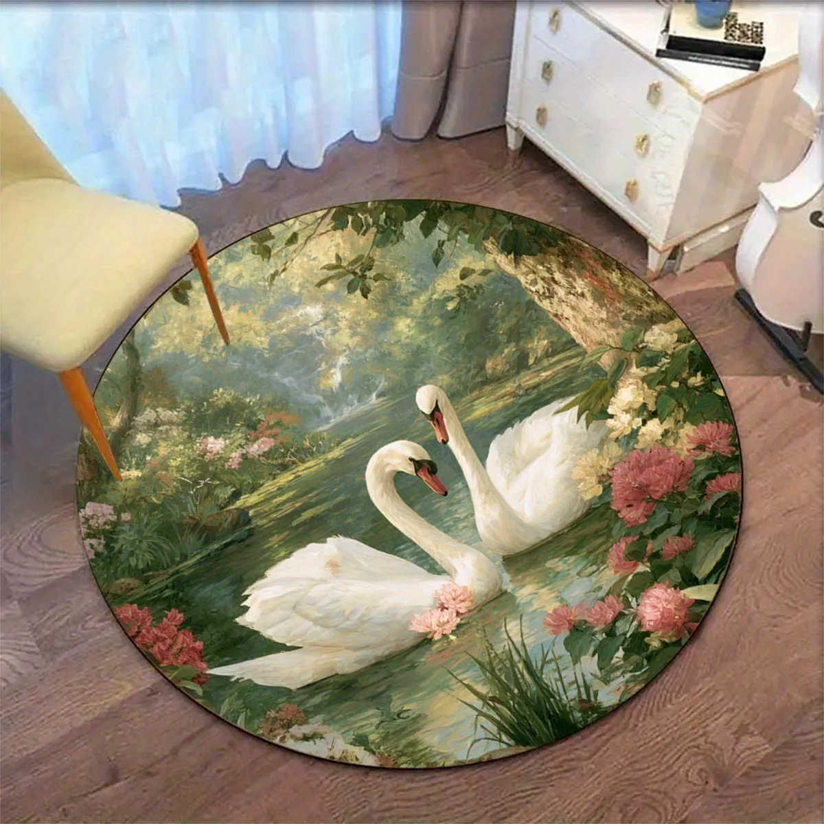 Elegant Round Swan Garden Area Rug Polyester Plush Mat for Nature Home Decor Living Room Spring Floral Flooring Carpet