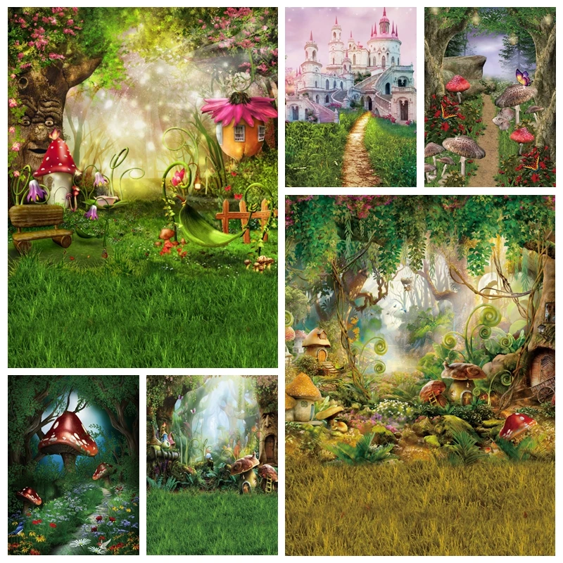 

Dreamy Forest Baby Shower Backdrop Grassland Mushroom Tree House Photocall Photography Castl Background Photo Studio Photophone