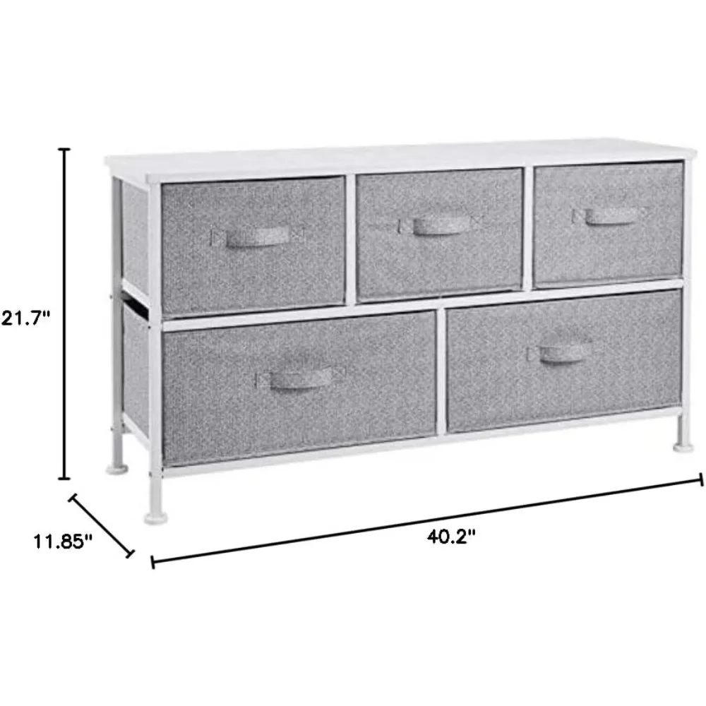 Ultra wide, detachable fabric 5 drawer cabinet storage manager unit, adjustable height plastic legs, white