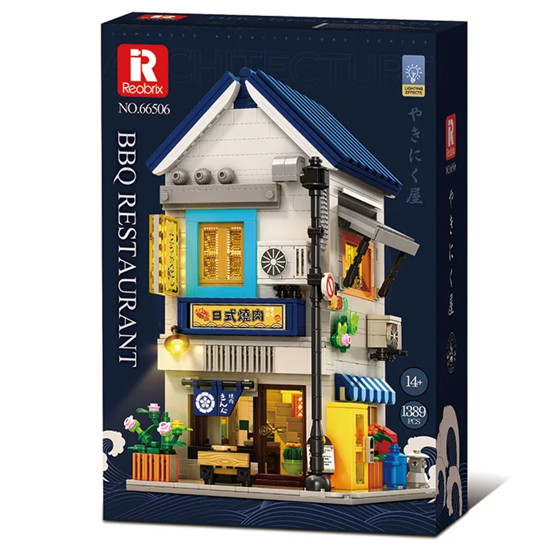 

New Japanese BBQ Restaurant Building Blocks Kit LED Light Street View Shop House Model Toys for Kids Birthday Gifts