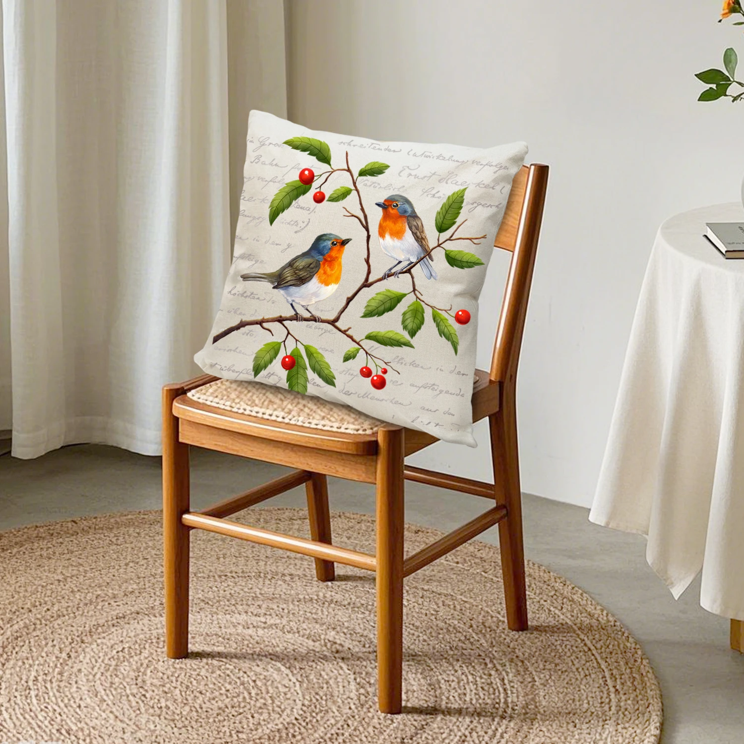Robin Bird Linen Cushion Covers Spring Floral Throw Pillow Case Botanical Cottagecore Home Decor Sofa Couch Patio Bedroom Accent