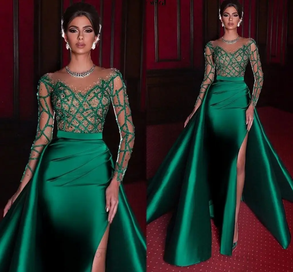 

New Long Mermaid Evening Dress for Women Long Sleeve Satin Side Slit Beads Party Formal Occasion Elegantes Mujer Vestidos 2023