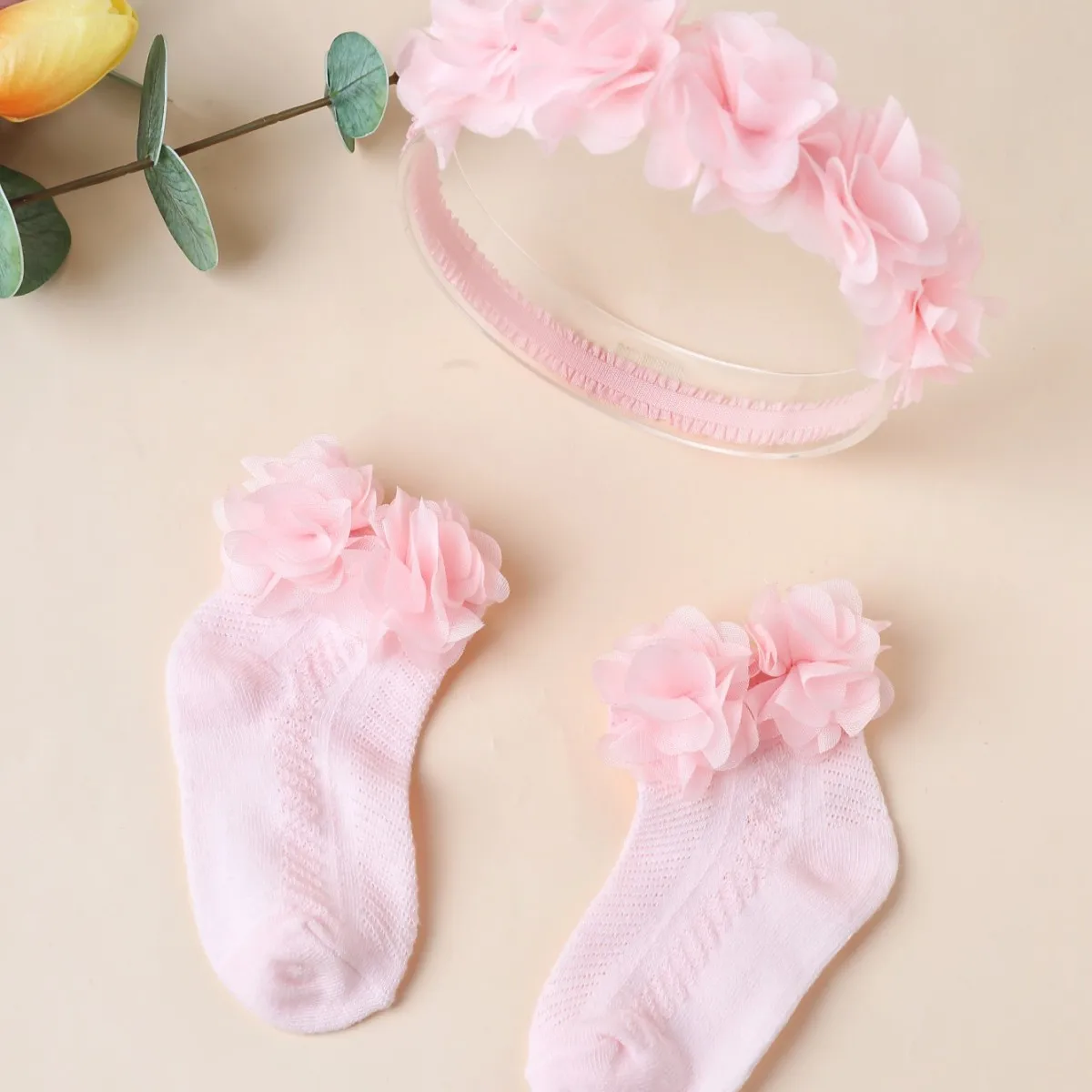 2Pcs Baby Chiffon Flower Headbands Socks Set Newborn Sweet Wedding Girl Princess Bow Elasitc Hair Bands Hair Accessories