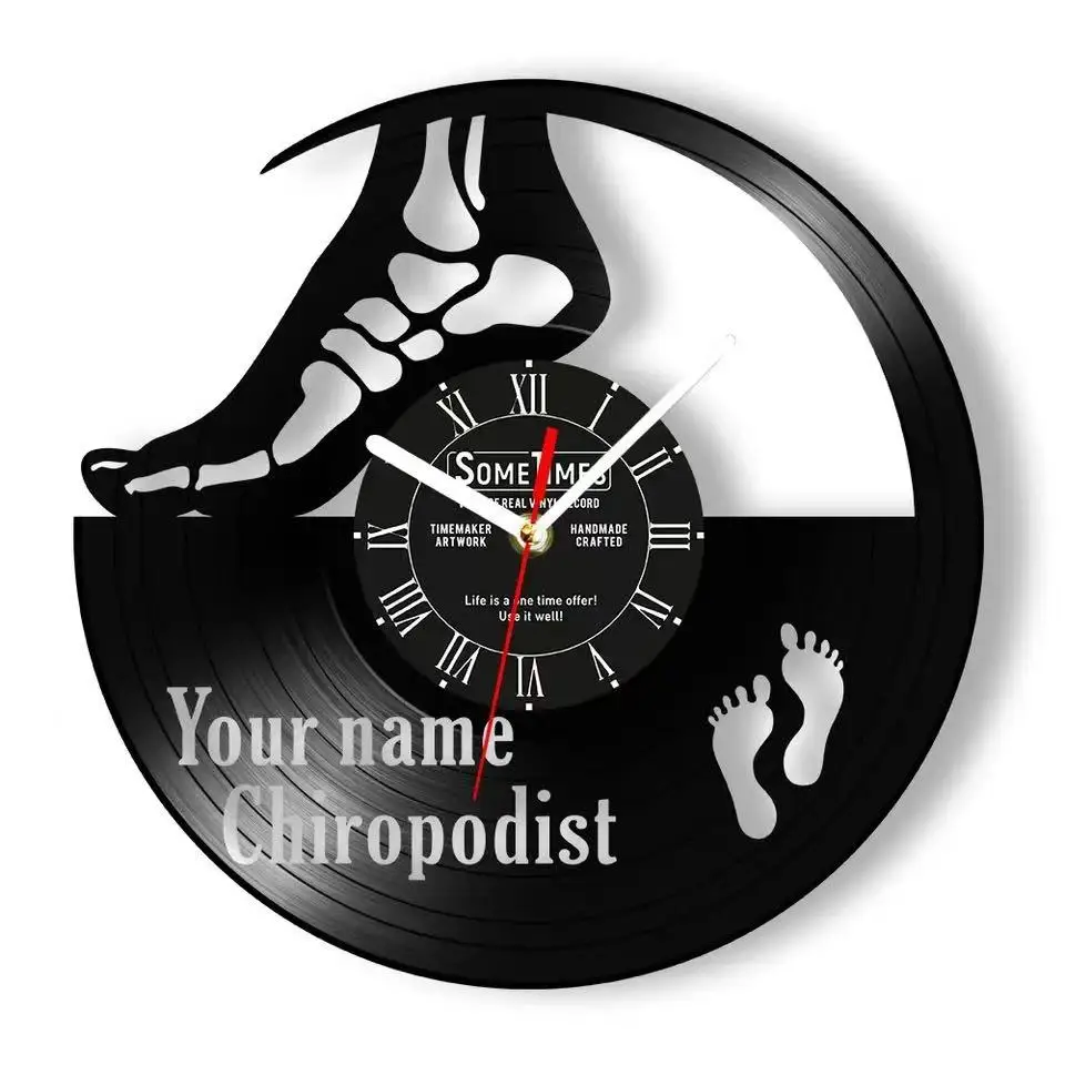 Personalized Anatomy Foot and Foot Doctor Vinyl Record Wall Clock Customizable Name Clinic Art Wall Watch Orthopedic Doctor Gift