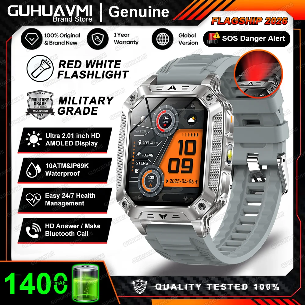 2026 Nieuwe Ingebouwde 1400mAh Supergrote Batterij Heren Smartwatch Outdoor GPS 2.01" AMOLED Scherm 10ATM Waterdicht BT Oproep Smartwatch