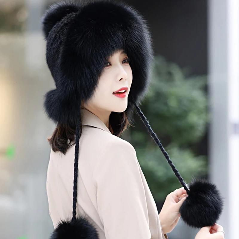Winter Hot Sale Real Mink Fur Hat For Women Knitted Mink Fur Ear Warm Cap The Spiral Beanies Cap With Fox Fur Pompom On The Top