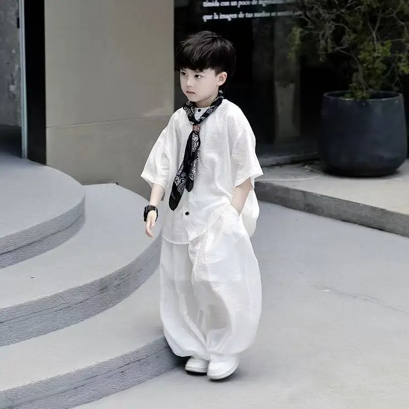 Boys New Chinese Style Tang Clothing Summer Lightweight Thin Solid Color Cardigan Shirt Pants 2PCS Set Children's Hanfu Clothes
