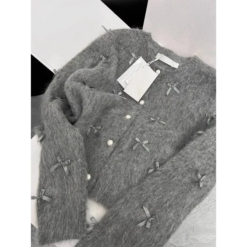 Grey Bowtie Mohair Knit Cardigan Sweater Women Elegant Fashion Stylish Vintage Coat Tops 2024 Spring Long Sleeve O-neck Jumpers