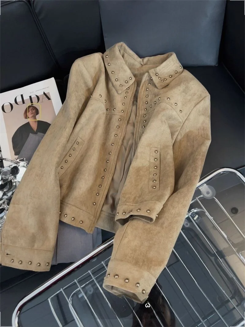 

Khaki Short Biker Jacket Women's Casual Style Standard Fit Novelty Polyester Fiber Slimming Outerwear Versatile Suede Coat