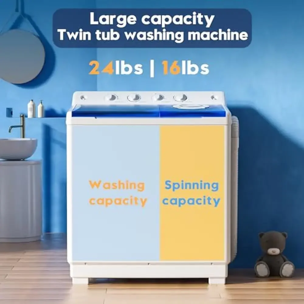 Portable 40lbs Twin Tub Washer Mini Compact Laundry Machine with Drain Pump Semi-automatic 24lbs Washer 16lbs Lightweight