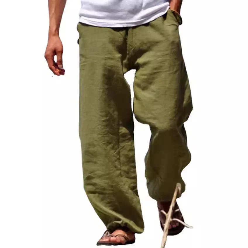 Mens Pants Cotton and Linen Elastic Waist Blended Breathable and Comfortable Pro-soft Beach Casual Pants for Men