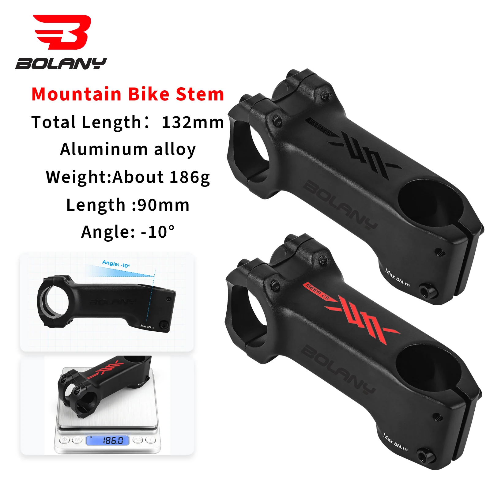 

BOLANY MTB Ultralight 10 Degree Stem 28.6MM High Strength Aluminum Alloy Mountain Road Bike Stem Bicycle Accessories 90mm