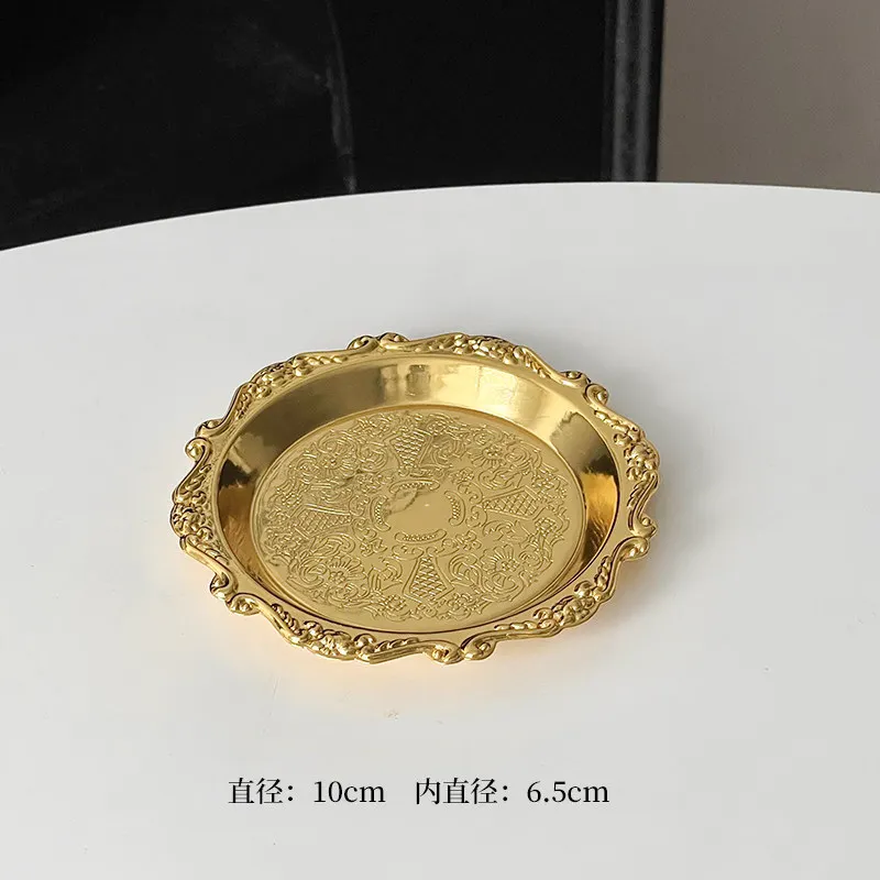 European Retro Carved Metal Tray Coffee Tea Cup Mat Court Style Scented Candle Plate Ornament Dessert Plate