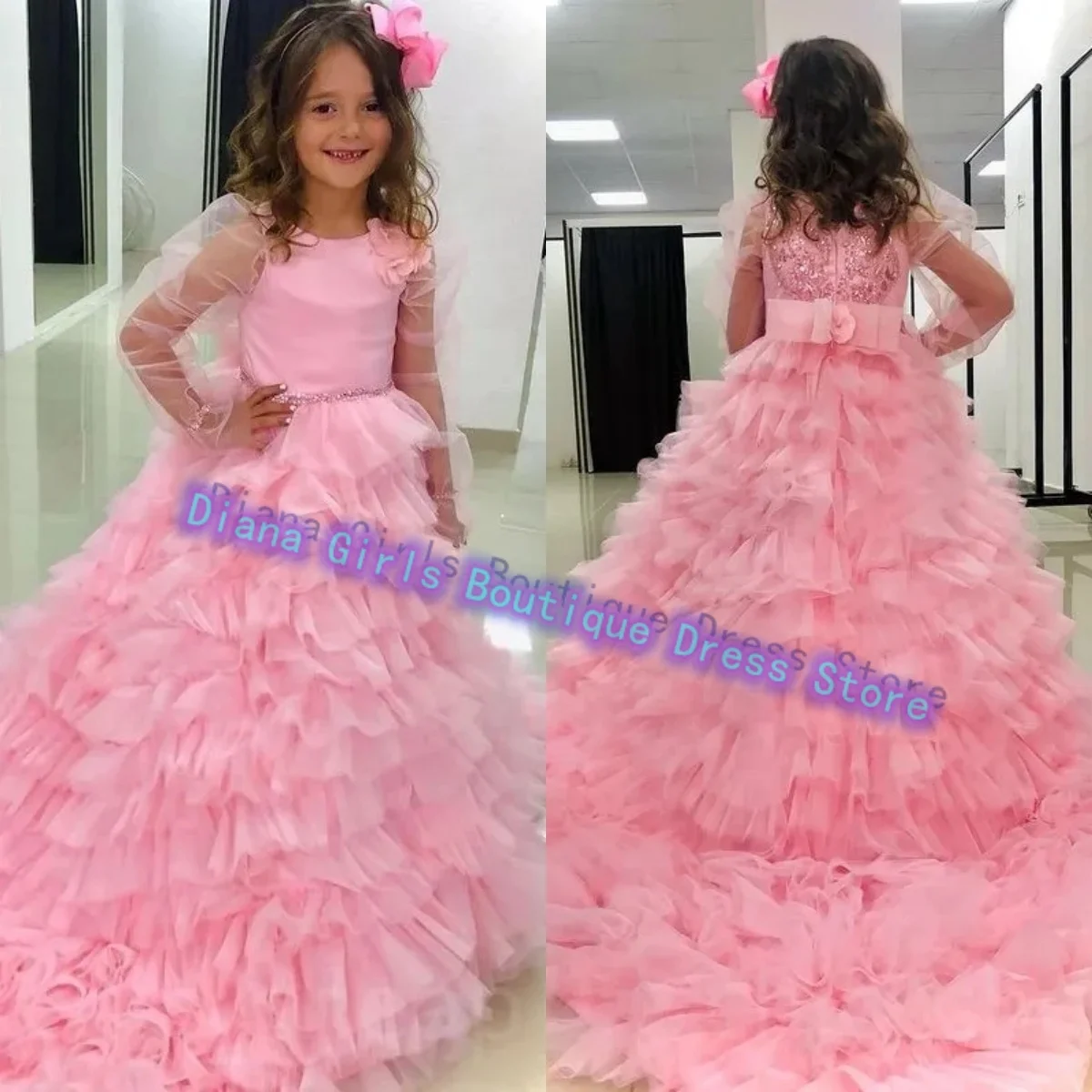 

Элегантное розовое платье с цветочным узором для девочек, тюлевое пышное многослойное бальное платье для свадьбы, вечерние платья принцессы на день рождения для маленьких девочек