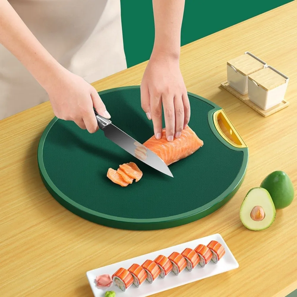 Tabla de cortar redonda duradera de doble cara con mango, tabla de cortar antideslizante y gruesa para verduras, suministros de cocina