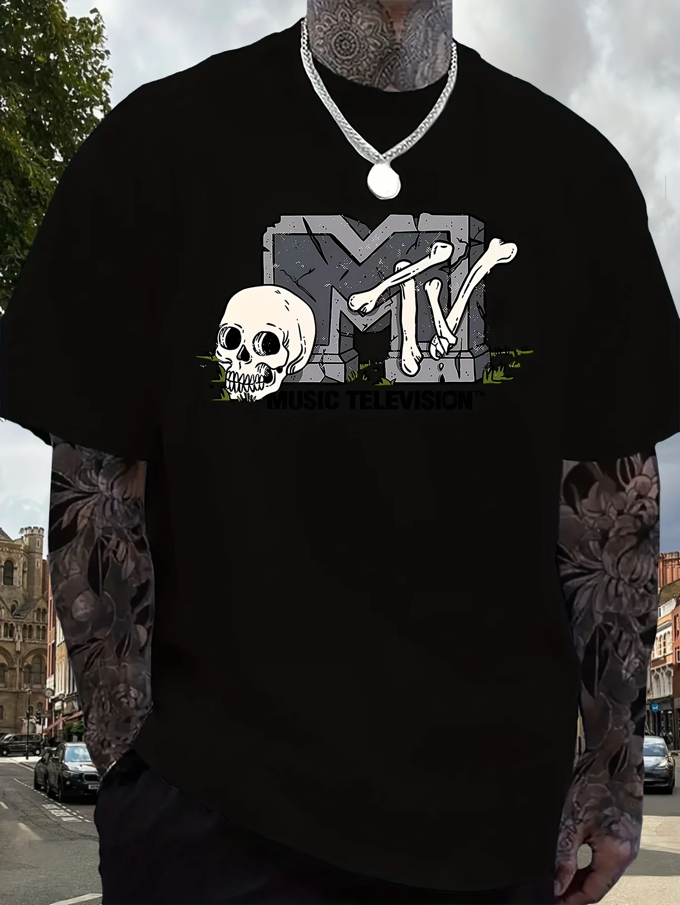 

Мужская повседневная футболка с рисунком MTV, уличная футболка с логотипом черепа, дышащая футболка с круглым вырезом, обычная посадка, одежда для музыкальных фанатов