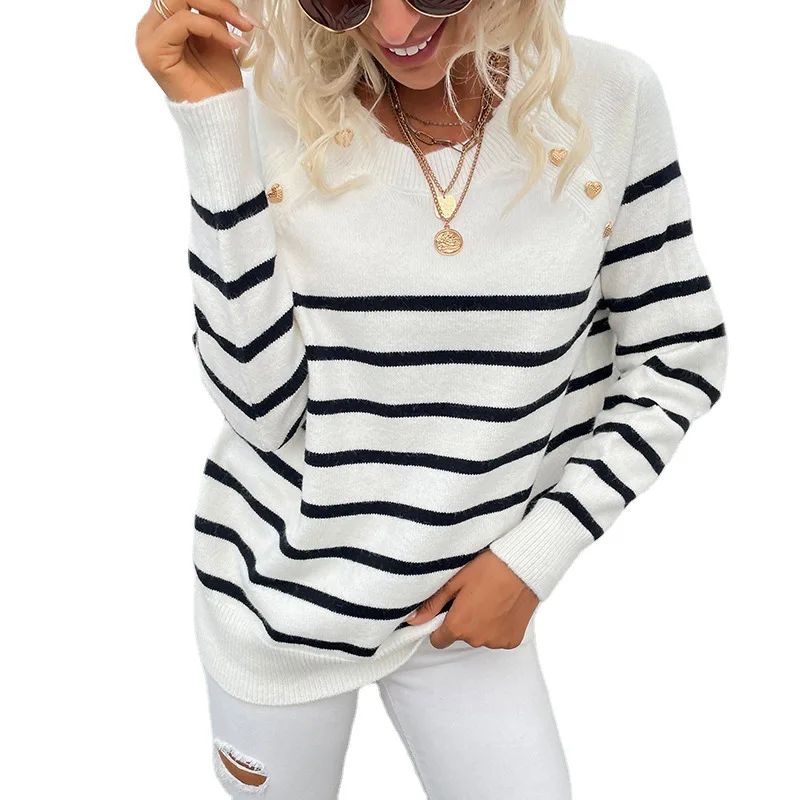 Knit Tops Women's 2023 Autumn and Winter New Stripe Knitwears Pullover Shoulder Button Sweater Women Top Pendant Sets