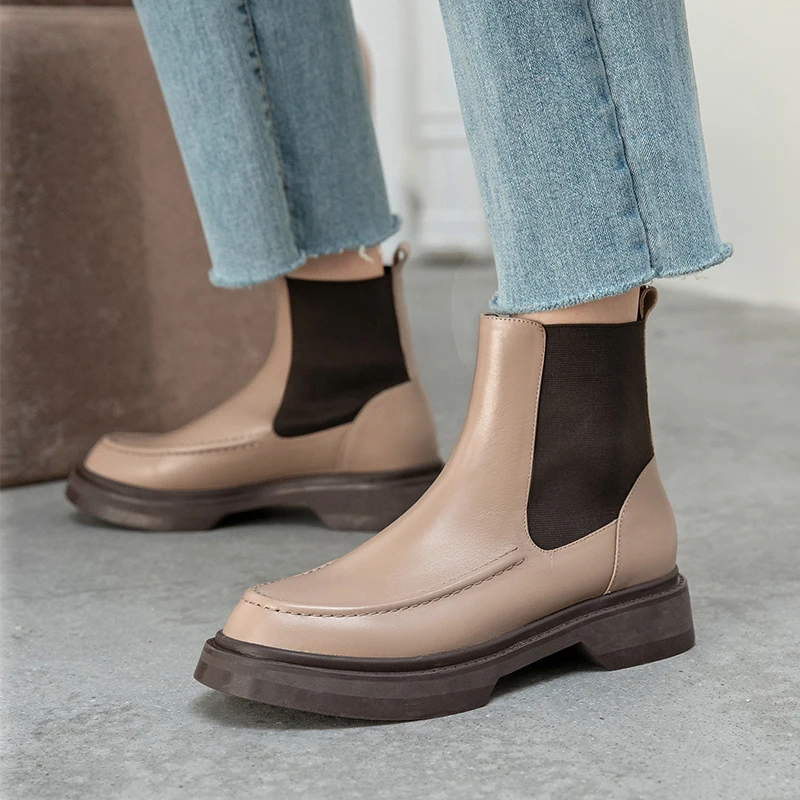 Hot Genuine Leather Women\'s Boots Retro British Style Slip-On Chelsea Boots Fashion Ankle Boots Round Toe Flat with Women Shoes