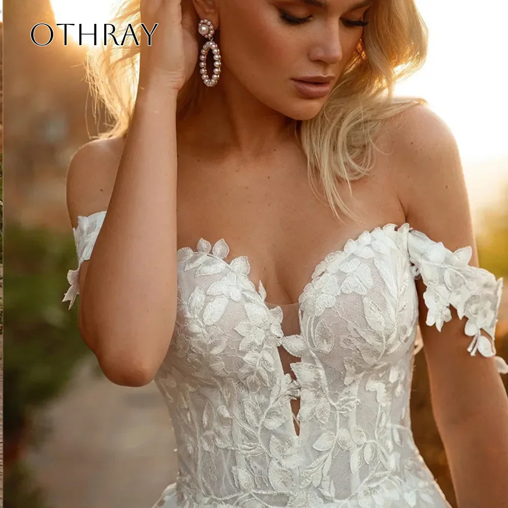 Off Shoulder Lace A-line Bridal Wedding Gown Split Chiffon Sweep Train Customized свадебное платье