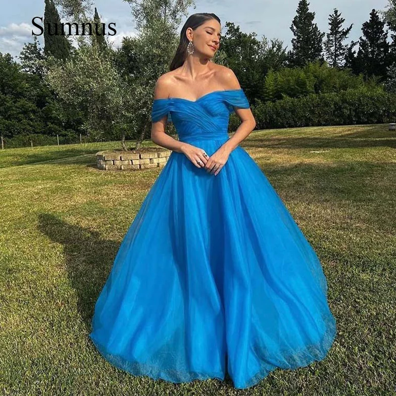 Royal Blue Off the Shoulder Evening Dress V-neck Backless Zipper Elegant A-line Prom Dresses Formal Party Gown Robe do Soiree