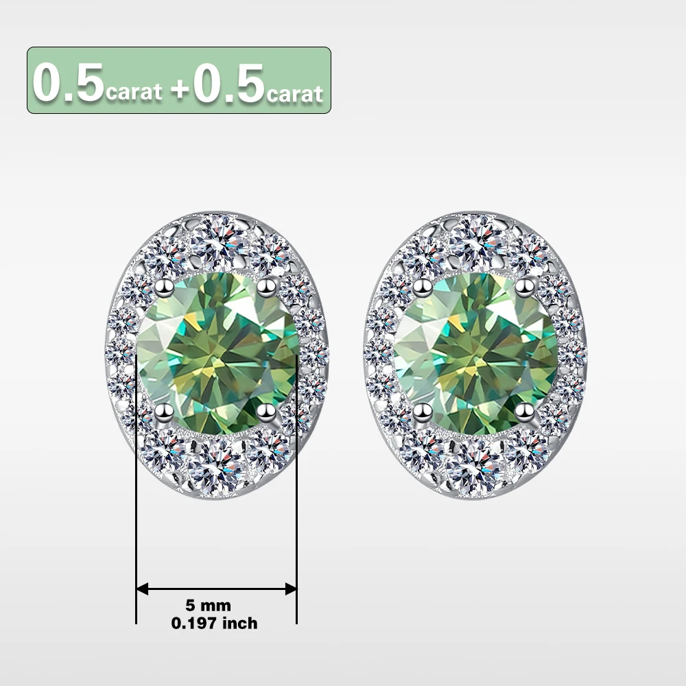 A pair of S925 sterling silver L-green stud earrings, oval bracket wrapped round GRA moissanite simple elegant earrings