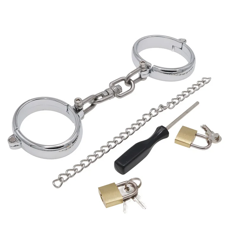 Adult Couple Gags Muzzles 304 Stainless Steel HandCuffs with Locks Keys Chains Chasity Cage Hands Ring Sex Toys Cosplay Tools