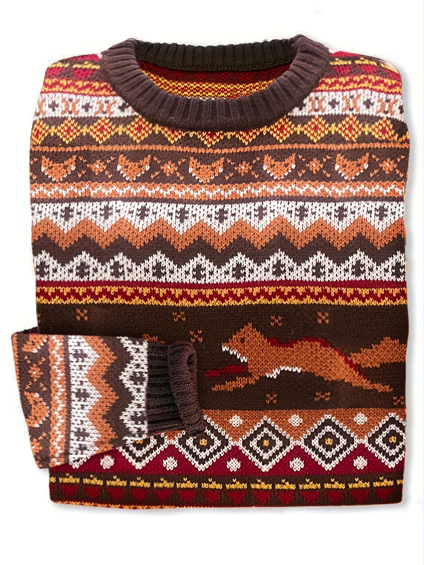 

Autumn and winter women's round neck retro contrasting jacquard loose woolen pullover top