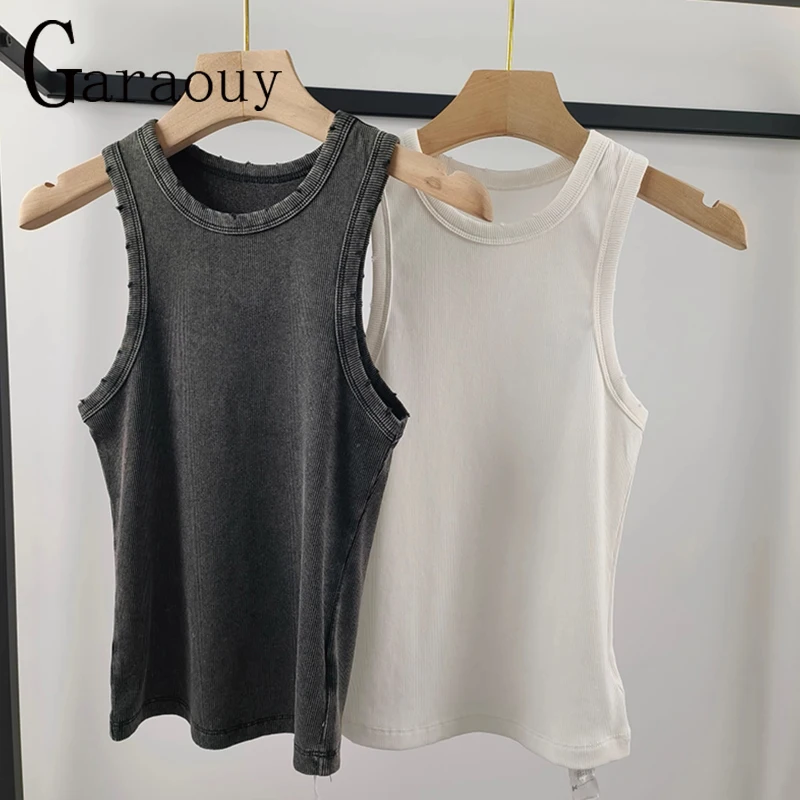 Garaouy 2024 Summer Women Ins Worn Out Vintage Rib Vest Y2k Streetwear Slim Spicy Girl Tank Tops Fashion Bottoming Shirt Female