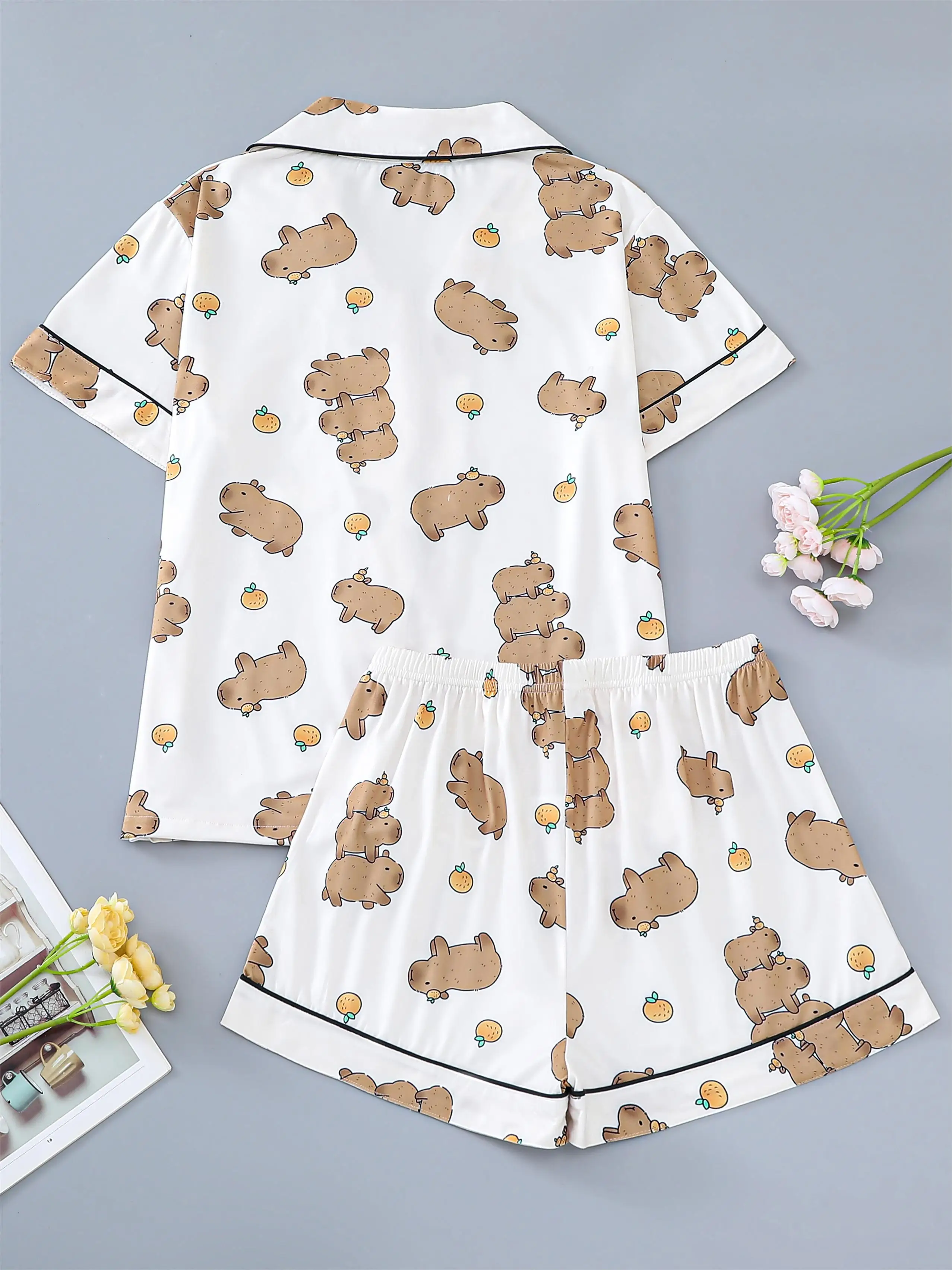 Cute water dolphin print ladies pajamas set of short-sleeved lapel top and loose shorts shu s four seasons ladies homewear