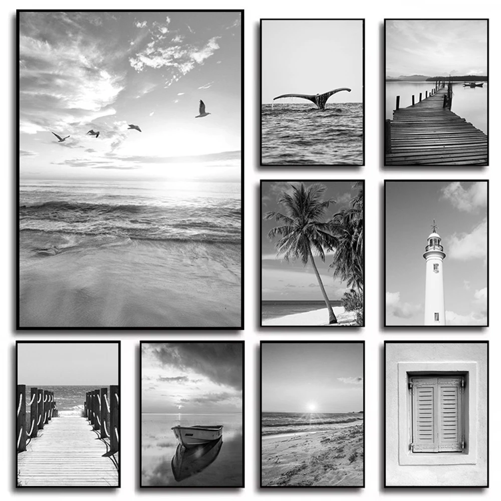Black And White Sea Beach Posters Boat Bridge Lighthouse Coconut Tree Canvas Painting Nordic Wall Art Print Picture Home Deco