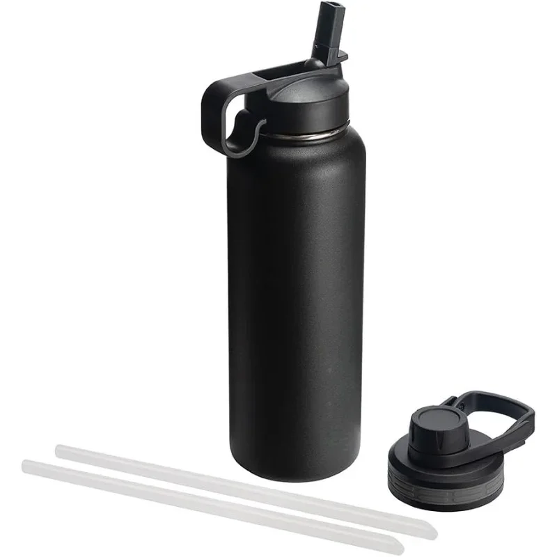 40 ounce Double Wall Vacuum Insulated Stainless Steel Water Bottle with Spout and Straw Lids, Black